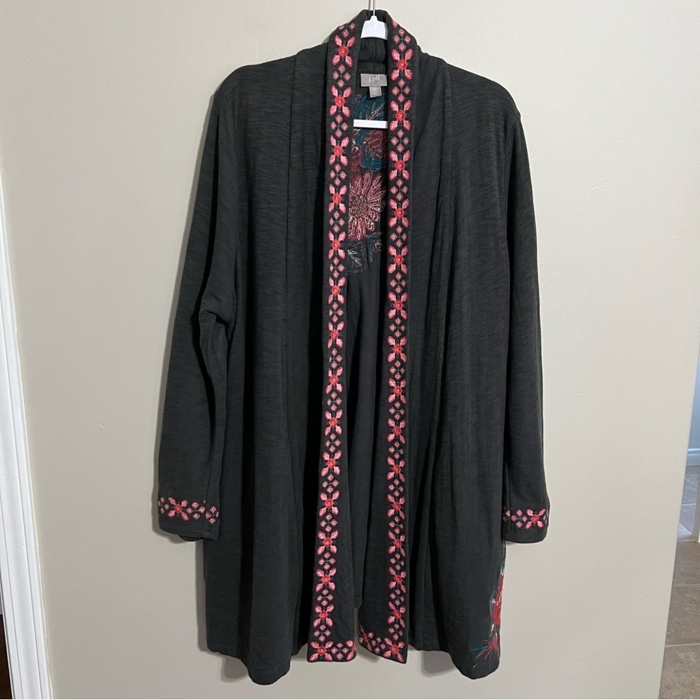 J Jill Gray Floral Embroidered Boho Duster Cardigan size XL Petite